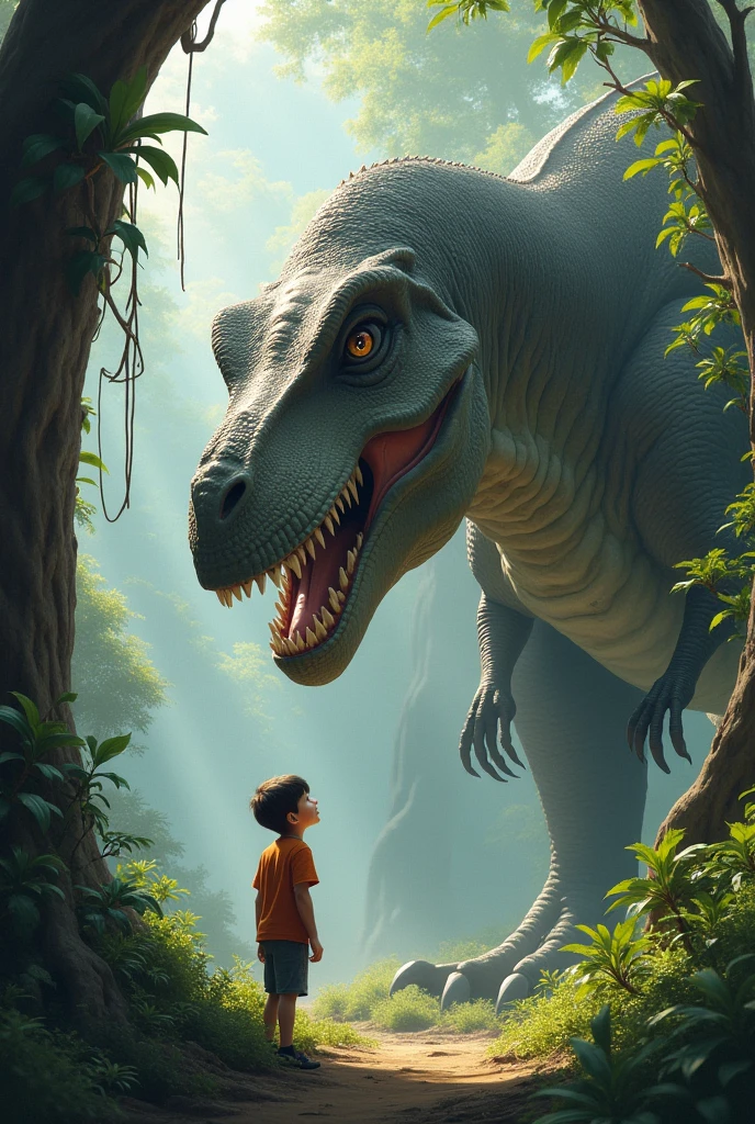 generates a boy looking at a dinosaur