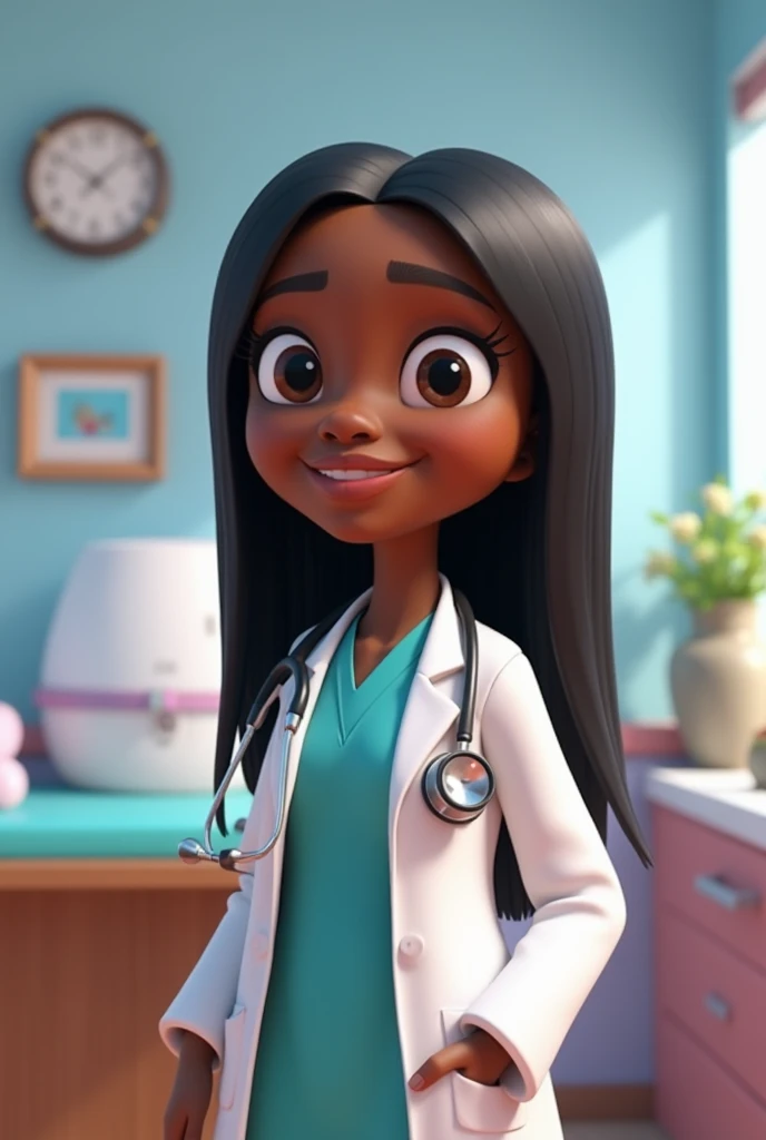 Animated Pixar image black skin doctor, black straight hair parted in the middle, not so skinny medical gown stethoscope in a doctor's office