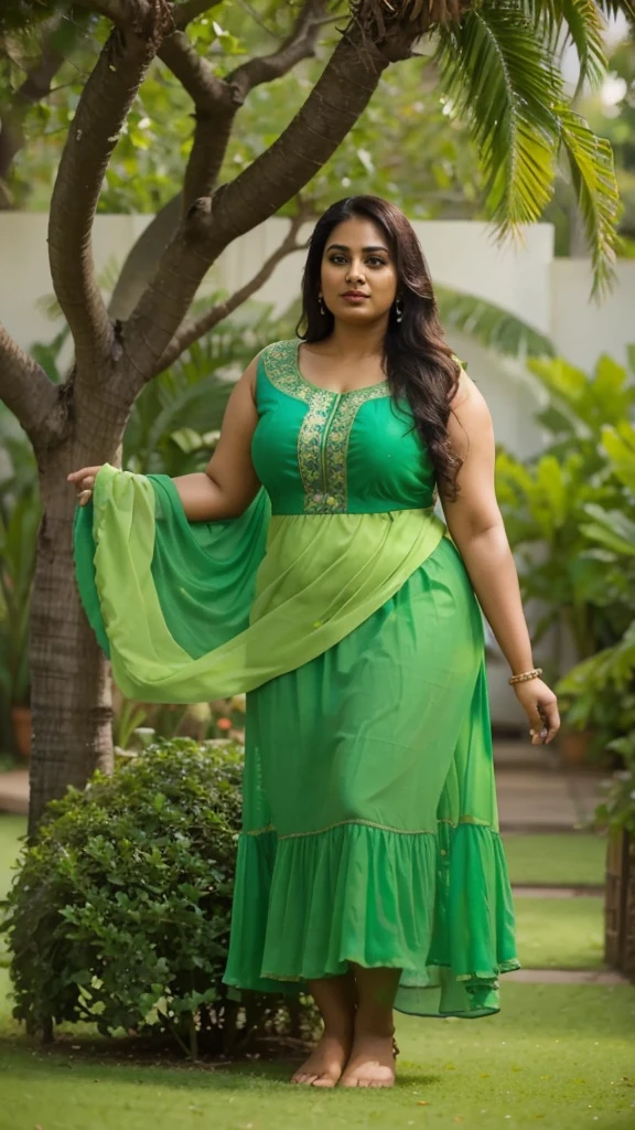 Garden scene, A radiant, full-figured South Indian 35 year old aunty a green colour chiffon mini frock , standing, in a garden, captured in a full-body image with vibrant hues and meticulous details. Full body image