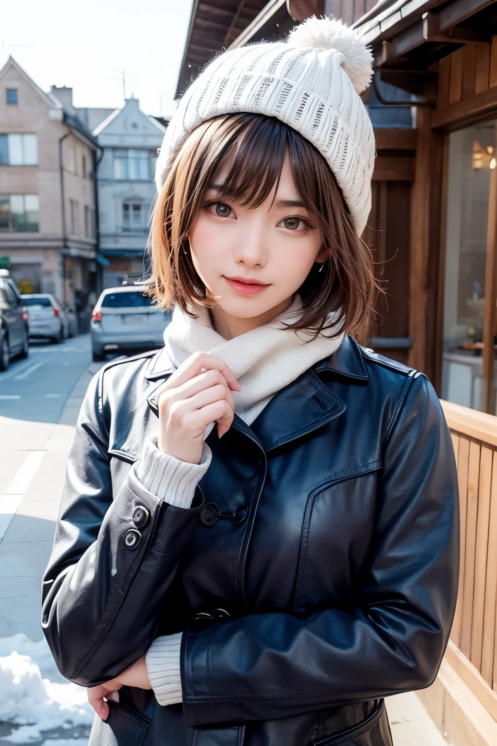 (masterpiece, Highest quality),One Girl, solo, Black-haired, scarf, hat, Realistic, Realistic, Looking at the audience, Light-coloured black eyes, Short brunette bob hair, Brown coat, Winter clothes, White headscarf, Lips, Bans, Plein Air, Mouth closed, Upper body、Big eyes、Eyelashes、((Beautiful landscape with sparkling snow))、(((Short bob hair with bangs、Shiny Hair、Big eyes、large full chest、Intensely accentuates the eyes、Staring at the audience、Beautiful beauty、Listen carefully、Long neck、Smile a little、Please close your mouth and laugh、Ideal body proportions)))、{huge|big|hugeな|Mega} chest:2, chestの谷間:2