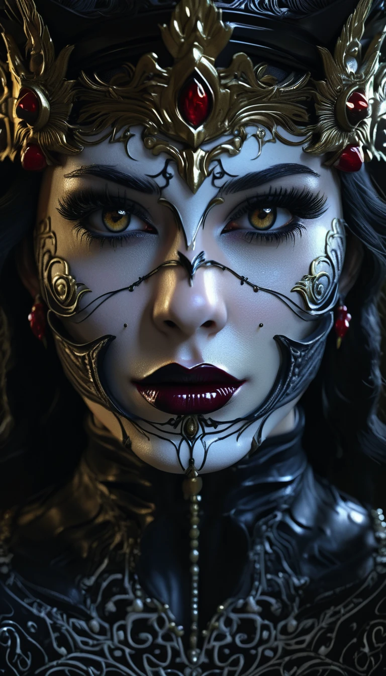 a close up portrait of a demonic face, beautiful detailed eyes, beautiful detailed lips, extremely detailed eyes and face, long eyelashes, sharp cheekbones, porcelain skin, flowing hair, decorative crown, dramatic lighting, dark moody colors, cinematic, dramatic, gothic, cecil beaton style, (best quality,4k,8k,highres,masterpiece:1.2),ultra-detailed,(realistic,photorealistic,photo-realistic:1.37)