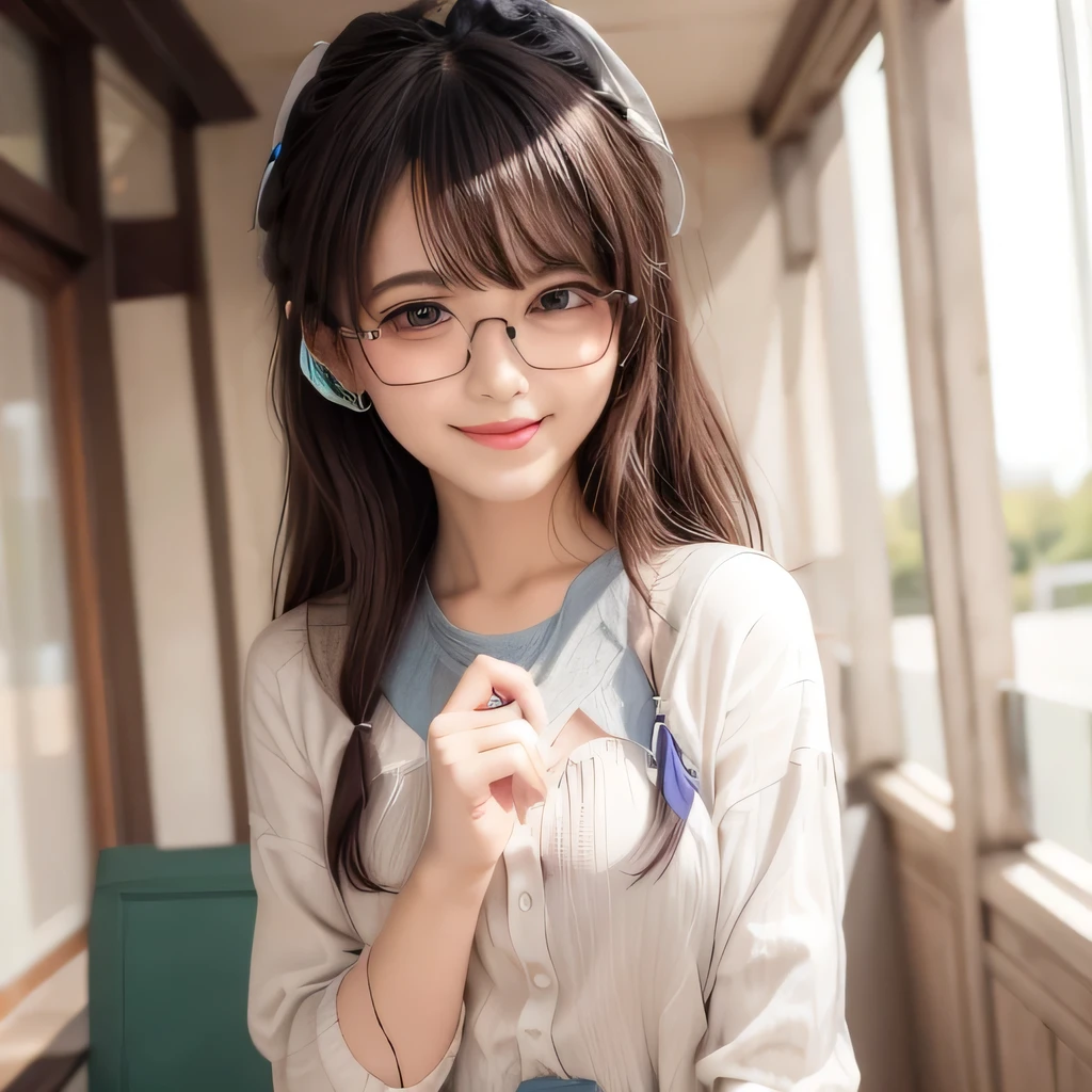 glasses, masterpiece, best quality, CG, wallpaper, HDR, high quality, high-definition, extremely detailed, smile, cute girl, ultra realistic, realistic eyes, ultra detail, 70 mm lens
