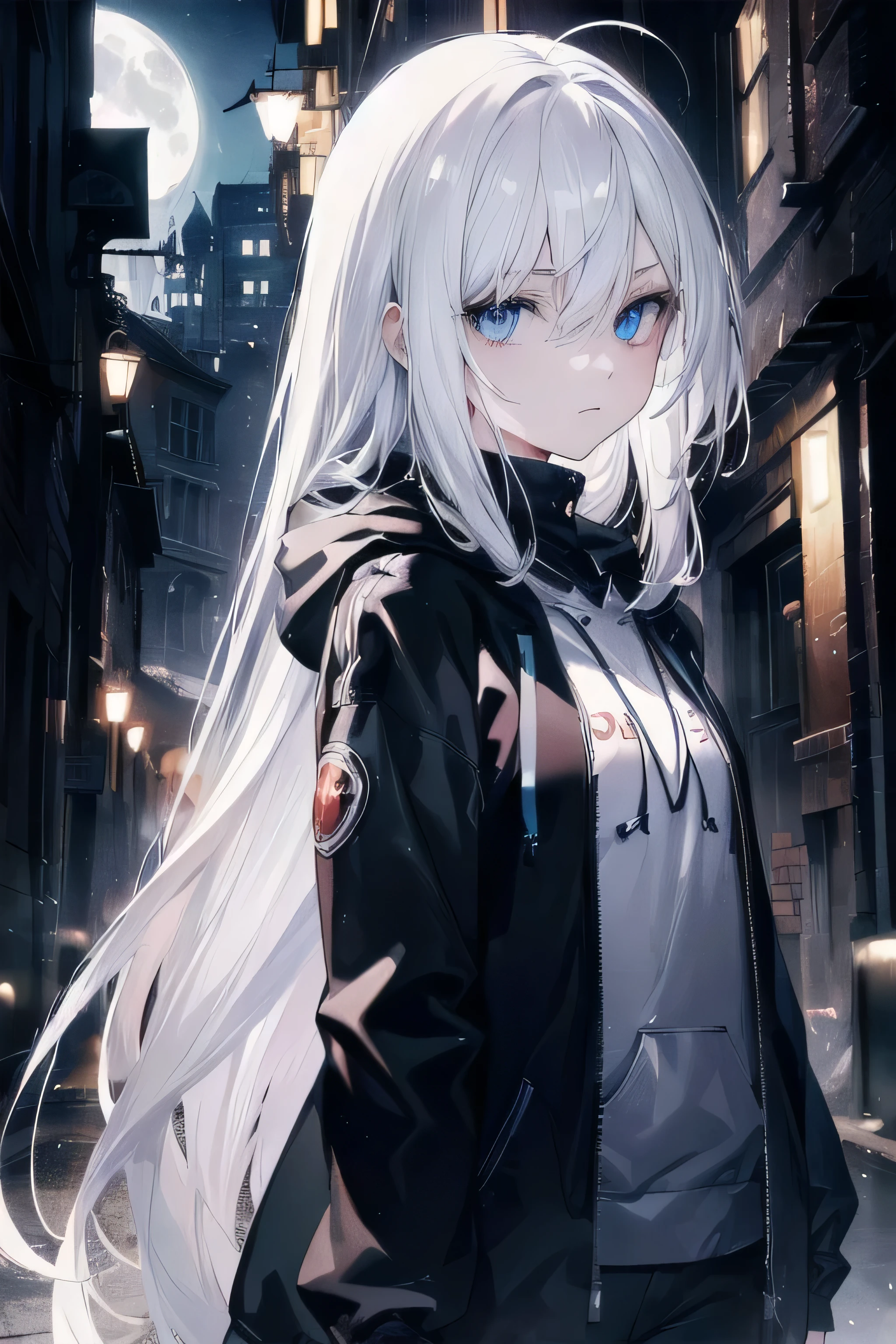 ((masterpiece)), ((best quality)), ((best illustration)), ((ultra-detailed)),((photorealistic color)), 1 lady, solo, teenager, absurdly long hair, white hair, straight hair, ((blue eyes)), ((ultra detailed eyes)), ((ultra detailed face)), gloomy, hoodie, thin body, thin arms, long arms, urban, night, alley, moonlight, backlight