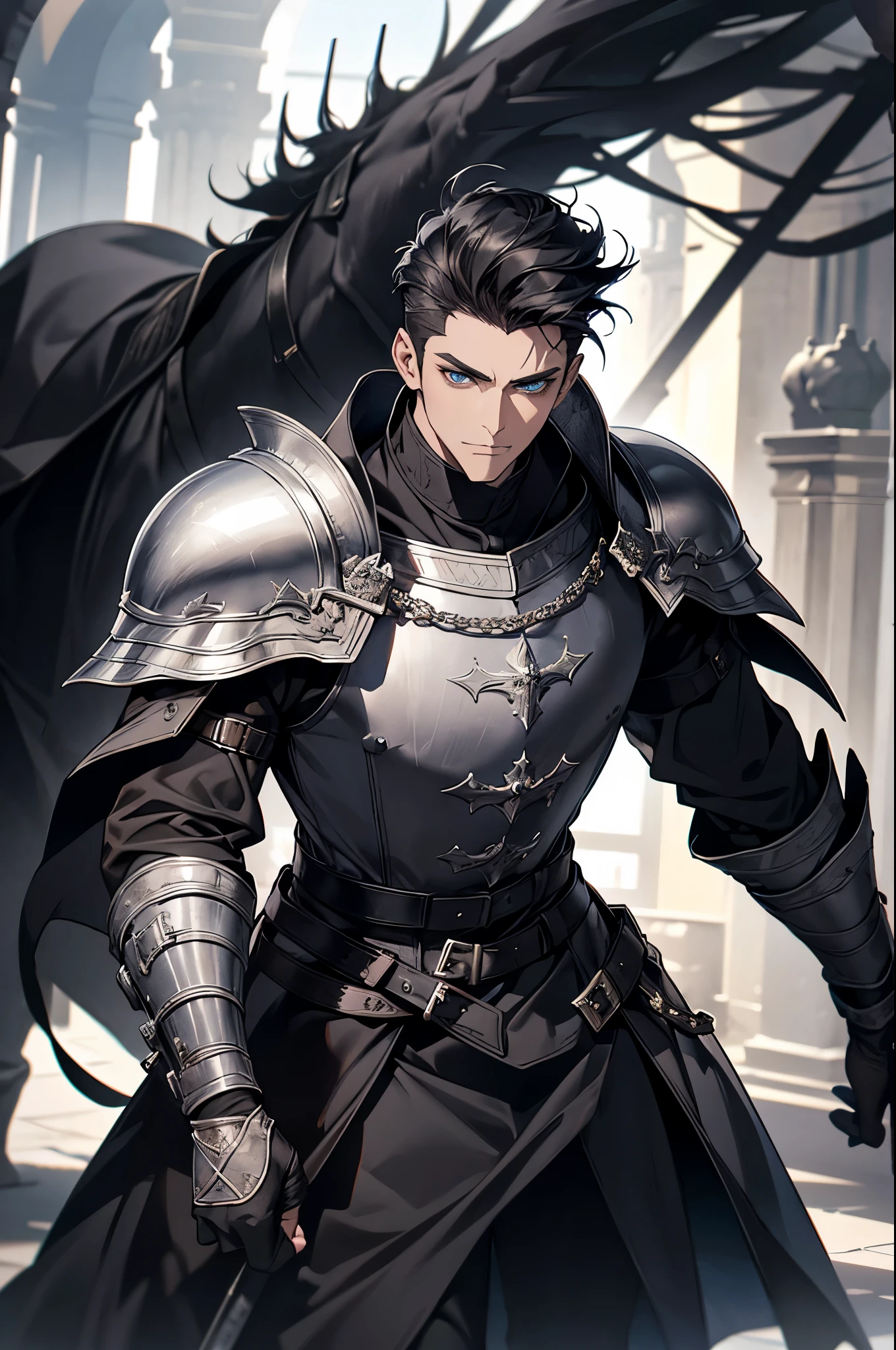 1 man, adult,middle age, 35 years old， ใบหน้าที่เป็นadult, short black hair ((Quiff Hairstyles)), blue eyes, Clear and detailed eyes, handsome, high, The nobleman rode a horse., ผู้ชายอนิเมะตัวhighที่มีตาสีฟ้า, black short hair, ((blue eyes)),Quiff Hairstyles, ((short black hair)), [Thick eyebrows], ((black long coat)), ((all black)),Silver veil edge, (blue eyes) , handsome , Facial expressions, black knight armor , black fur shawl(Masterpiece,best quality,special, (Broad shoulders)) (muscle),A long spear in hand,riding a black horse((A jet black horse)) , The horse's eyes are red, quiet, condescending, Medieval Fantasy, Medieval castle background, dark fantasy, (light color, Dynamic shading), side view, look at viewer
