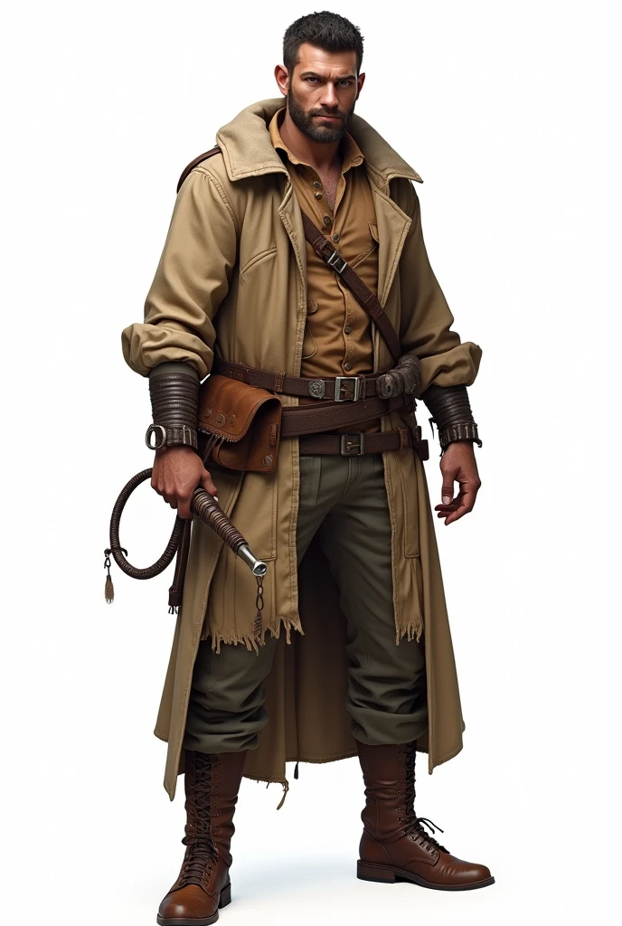 An archaeologist in realistic style, standing with a whip on a white background