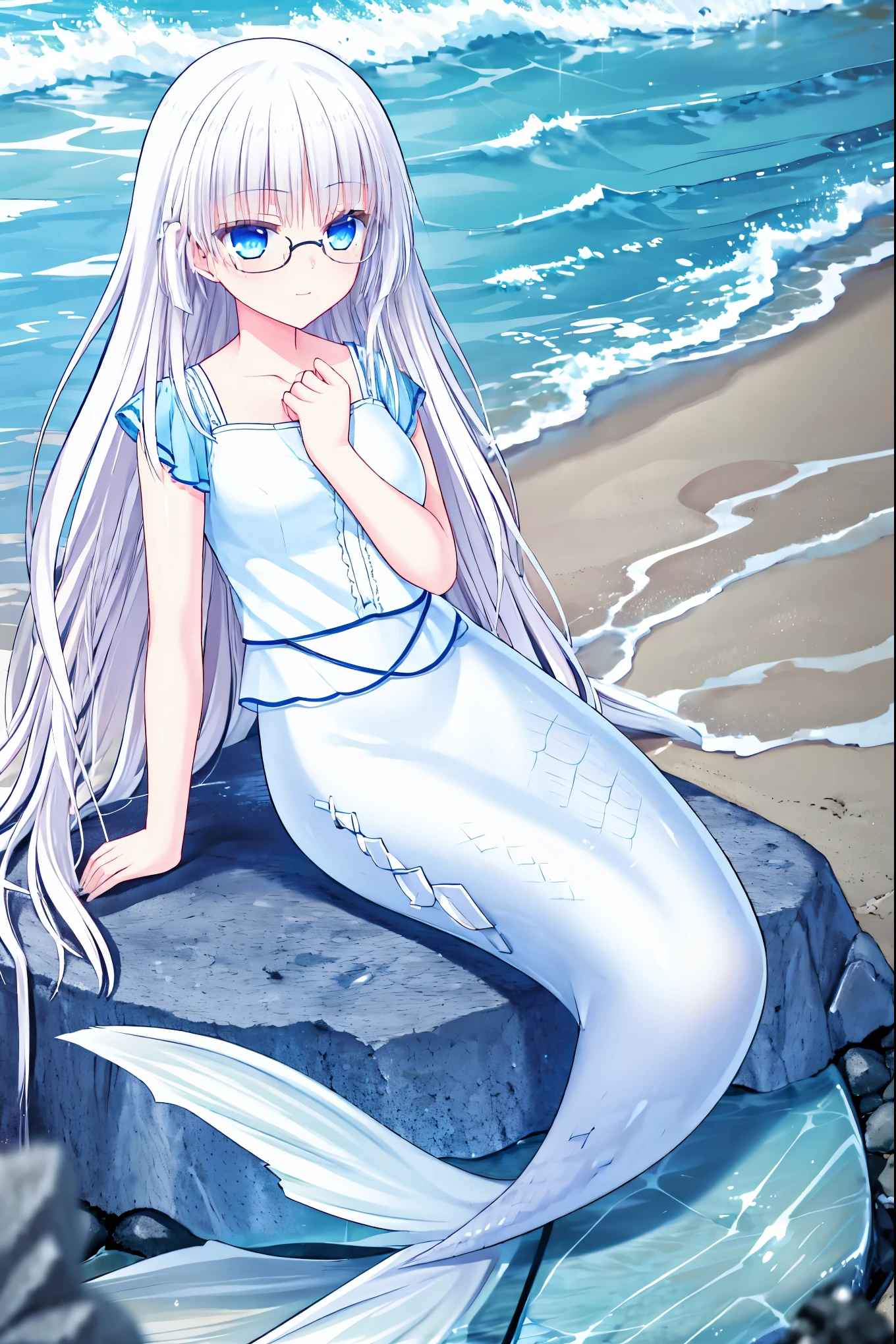masterpiece, best quality,A girl,White long hair,Glasses,Blue Eyes,White shirt,独奏,Large Breasts,Mermaid,白色的Mermaid尾巴,full-body shot,beach,Sea view,Smile,Sitting