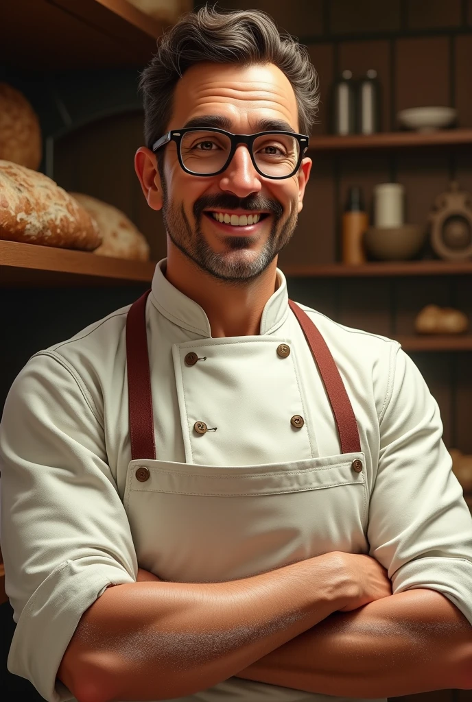 An Italian baker from the 1800s with a mustache, Charismatic, friendly and natural Who wears glasses