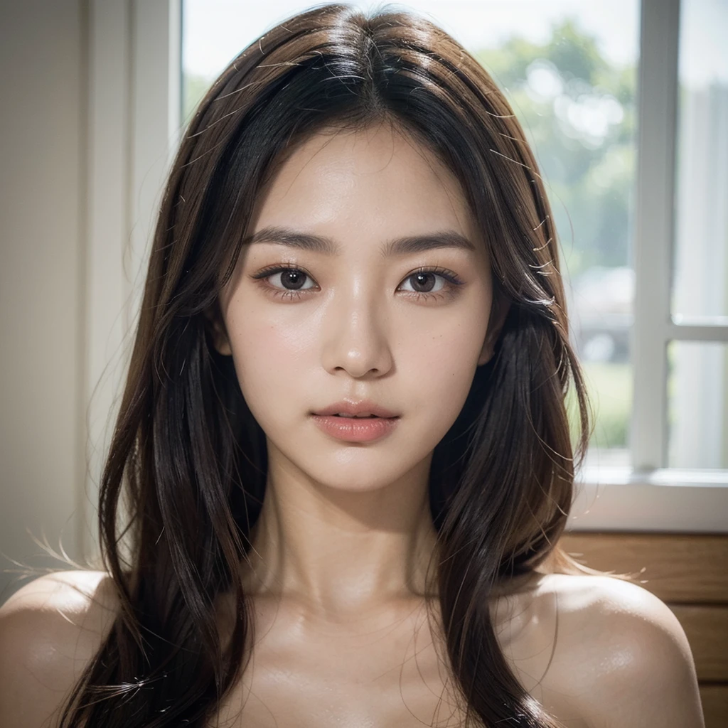 An ethereal and breathtakingly beautiful Japanese model and actress in her early 20s, depicted in an ultra-high-definition 4K close-up that reveals every intricate detail of her facial features. Her skin is hyper-realistic, showcasing a flawless complexion with a warm beige undertone that exudes a soft, natural glow. The skin texture is meticulously detailed, with visible yet refined pores, a subtle dewiness that captures the light perfectly, and a natural elasticity that conveys a soft, supple feel. Each tiny detail, from the barely-there peach fuzz along her jawline to the gentle flush of her cheeks, is rendered with astonishing precision. Her large, almond-shaped eyes are a deep, entrancing brown, with irises displaying complex color variations and reflections that give them a striking depth. The eyes are framed by perfectly arched brows and naturally curled, thick lashes that create delicate shadows on her upper cheeks. Her lips are naturally full and slightly parted, with a soft, velvety texture and a delicate sheen, capturing the light in a way that emphasizes their plumpness and smoothness. Her straight, glossy black hair frames her face, each strand individually defined, reflecting a soft, natural sheen that adds to the overall realism. The lighting is expertly calibrated, using a combination of diffused natural light and soft fill light to enhance the contours of her face, creating subtle, realistic shadows and highlights that bring out the texture of her skin and the depth of her features. Her expression is serene and confident, with a slight, enigmatic smile that adds an aura of sophistication and allure. The overall composition is designed to evoke a sense of ethereal beauty, with every element, from the finest details of her skin to the gentle fall of her hair, crafted to surpass human perception in realism.