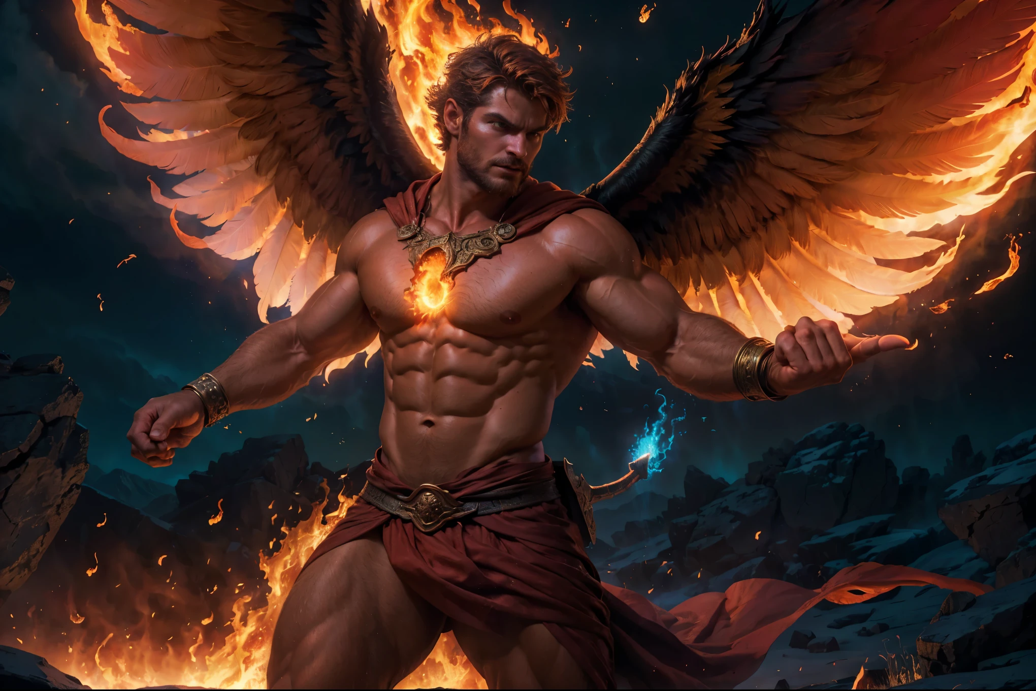 (best quality,4k,8k,highres,masterpiece:1.2),ultra-detailed,(realistic,photorealistic,photo-realistic:1.37),man with phoenix wings on his back,fire surrounding his fist,feathers,captivating expression,flaming wings spread wide,Fiery light,cinematic mood,dramatic angle,heroic stance,mythical creature,sculptural details,radiating power,celestial aura,vibrant color palette,scorching flames,epic fantasy,mythological hero,heroic mythology,combustible energy,luminous heat,dynamic movement,high-contrast lighting,archetypal figure,detailed feather texture,mythical symbolism,fiery trails,embodying strength and grace,vividly glowing embers,powerful presence,extraordinary supernatural ability,astral fire,enduring power and rebirth,fiery spirit,awe-inspiring spectacle