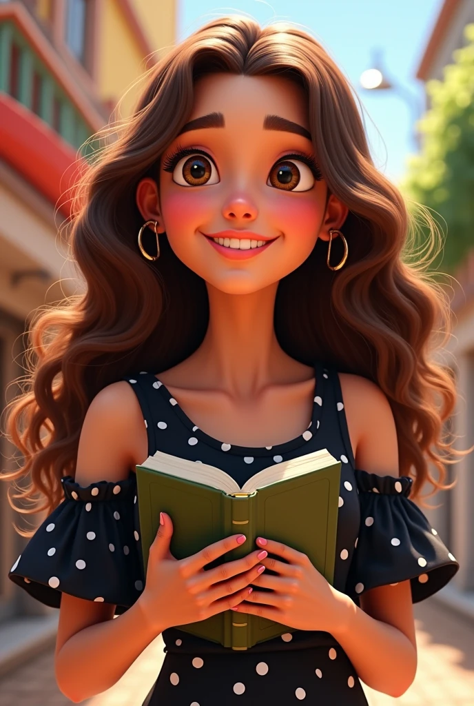create a pixar poster with a long brown curly hair in length, in a black dress with white polka dots, brown eyebrows, nose a little big, smiling with a book in hand