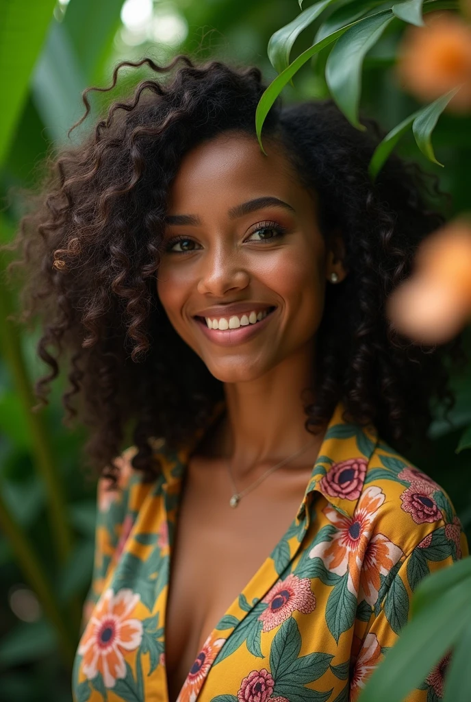 A Brazilian woman in a lush tropical garden, wearing an open shirt with a floral print, with a close-up capturing the harmonious beauty between her breasts and the natural flowers, showing off your natural charm and outgoing personality.