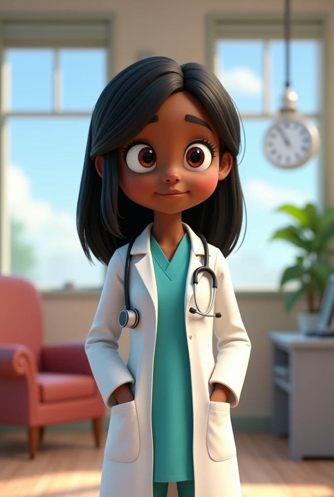 Animated Pixar image black skin doctor, black straight hair parted in the middle, not so skinny medical gown stethoscope in a doctor's office