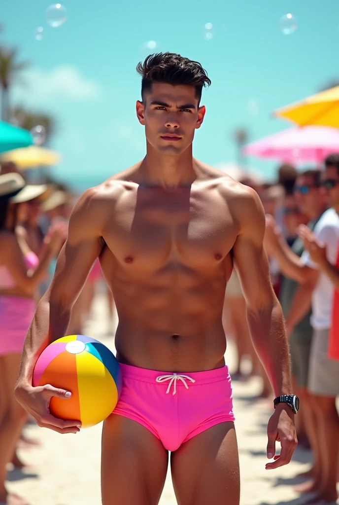 A handsome young man with a beautiful, thin, white face, fair and smooth skin, shirtless, wearing a pink swimsuit, short black hair, on a catwalk at a men's beach party, holding a beach ball in his hand, the audience applauding and celebrating with bubbles. A tall, thin, white, shirtless man.