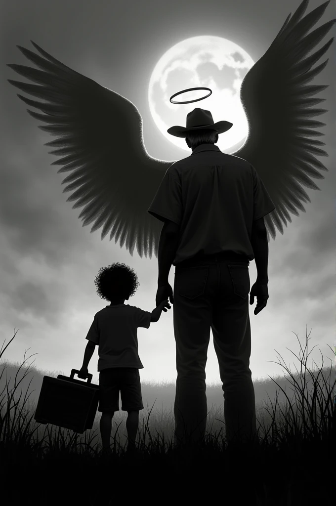 black and white silhouette, 7 year old boy, dark brown curly hair, He has a medium-sized wooden truck in his hand. He takes his dad&#39;s hand, 70 years old, short hair, with a white cattle hat. Dad is levitating into the sky. The father has wings on his back and an angel halo.. Dad and son stand with their backs turned looking towards the horizon., dark fantasy
