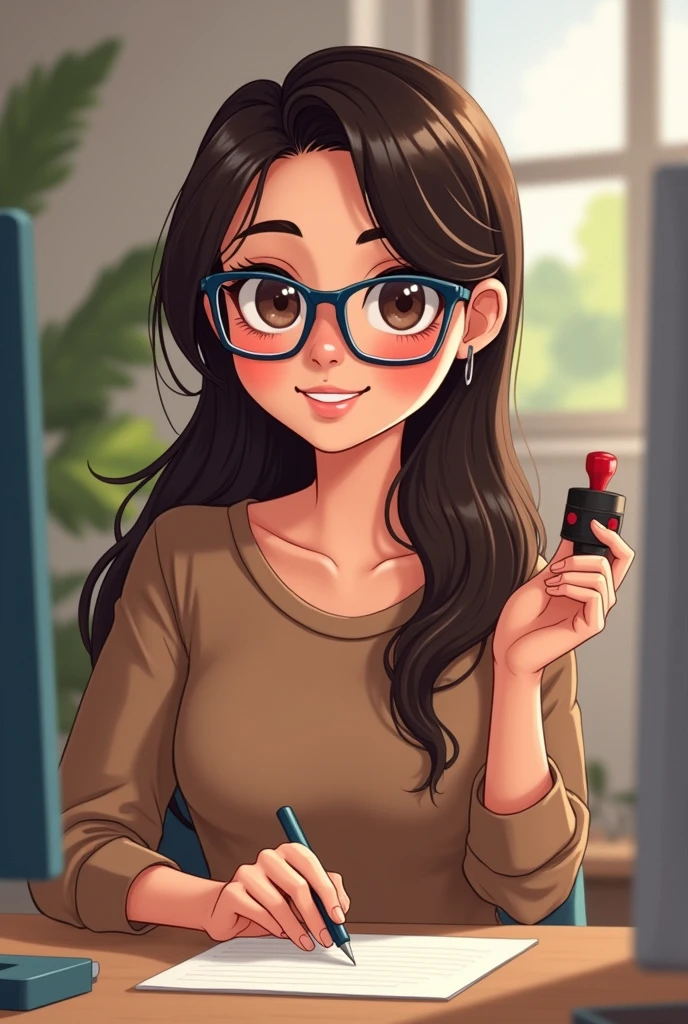 A brunette woman, with long dark brown hair parted on the side, wearing reading glasses with a half-rectangular frame in blue and black, with small dark brown eyes , with thick and well-defined eyebrows, with a round face and big cheeks, square jaw, wearing casual clothes, working on a computer, happy and satisfied facial expression with what you do at work, holding a stamp in one hand