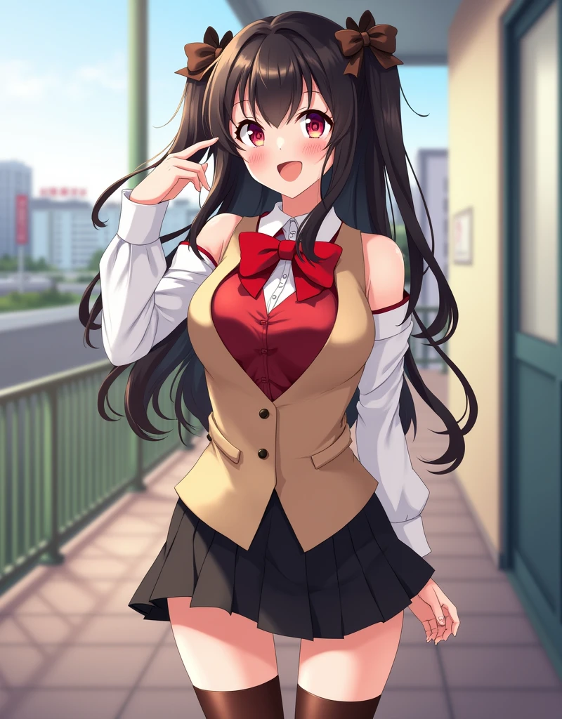 Rin Tohsaka, his face turned red very excitedly, fully body, Artwork, top quality picture, super resolution, High definition, 4K, Full HD, well-defined and detailed image down to the smallest detail, she is wearing a red sleeveless blouse that shows her belly and navel and her shoulders with long black sleeves, beige vest with collar in the style of fine sportswear and red bow tie, her breasts are exposed in a small cleavage, Uma sexly, saia preta curta a deixa ainda mais sexly, tall brown socks, with two black bows on top of the head, she is standing looking at the viewer playing with a lock of her hair, On the school terrace, generate full body image, new, sexly,