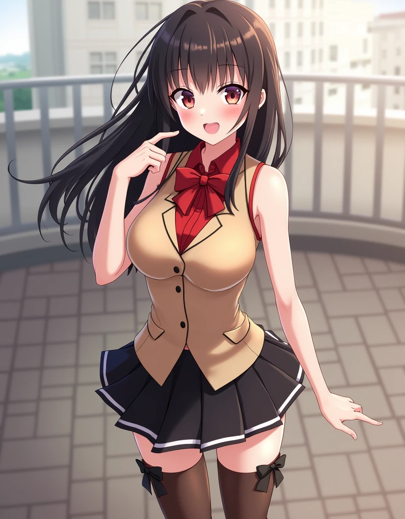 Rin Tohsaka, his face turned red very excitedly, fully body, Artwork, top quality picture, super resolution, High definition, 4K, Full HD, well-defined and detailed image down to the smallest detail, she is wearing a red sleeveless blouse that shows her belly and navel and her shoulders with long black sleeves, beige vest with collar in the style of fine sportswear and red bow tie, her breasts are exposed in a small cleavage, Uma sexly, saia preta curta a deixa ainda mais sexly, tall brown socks, with two black bows on top of the head, she is standing looking at the viewer playing with a lock of her hair, On the school terrace, generate full body image, new, sexly,