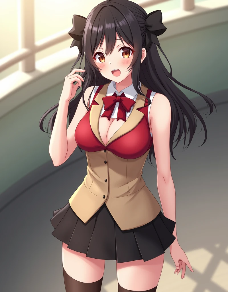 Rin Tohsaka, his face turned red very excitedly, fully body, Artwork, top quality picture, super resolution, High definition, 4K, Full HD, well-defined and detailed image down to the smallest detail, she is wearing a red sleeveless blouse that shows her belly and navel and her shoulders with long black sleeves, beige vest with collar in the style of fine sportswear and red bow tie, her breasts are exposed in a small cleavage, Uma sexly, saia preta curta a deixa ainda mais sexly, tall brown socks, with two black bows on top of the head, she is standing looking at the viewer playing with a lock of her hair, On the school terrace, generate full body image, new, sexly,