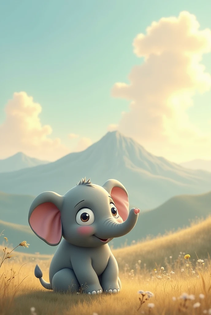 2d, Simple and cute, with gentle colors like a picture book , 8k, Highest quality,cute,Big anime eyes,An elephant gazing at the distant mountains、彼のdreamと前途の困難を象徴している(image: elephant, Distant Mountain, dream)