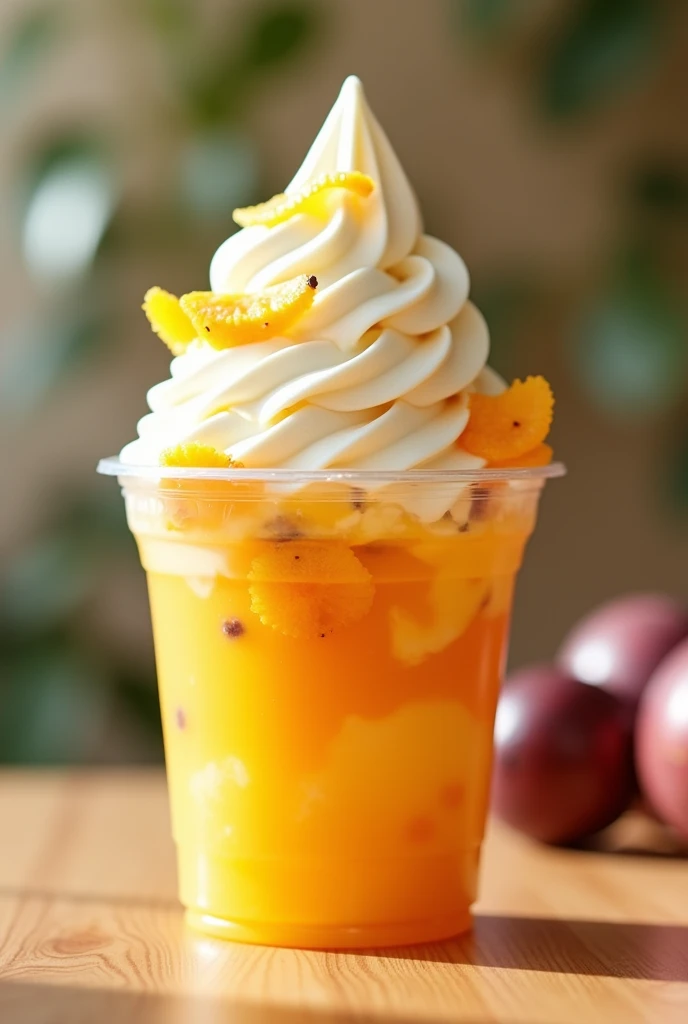 HOMEMADE PASSION FRUIT ICE CREAM WITH MANGO IN A CLEAR PLASTIC CUP