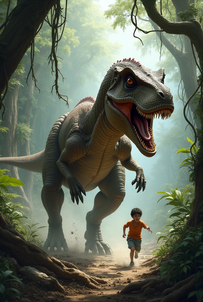 The dinosaur chases the boy!