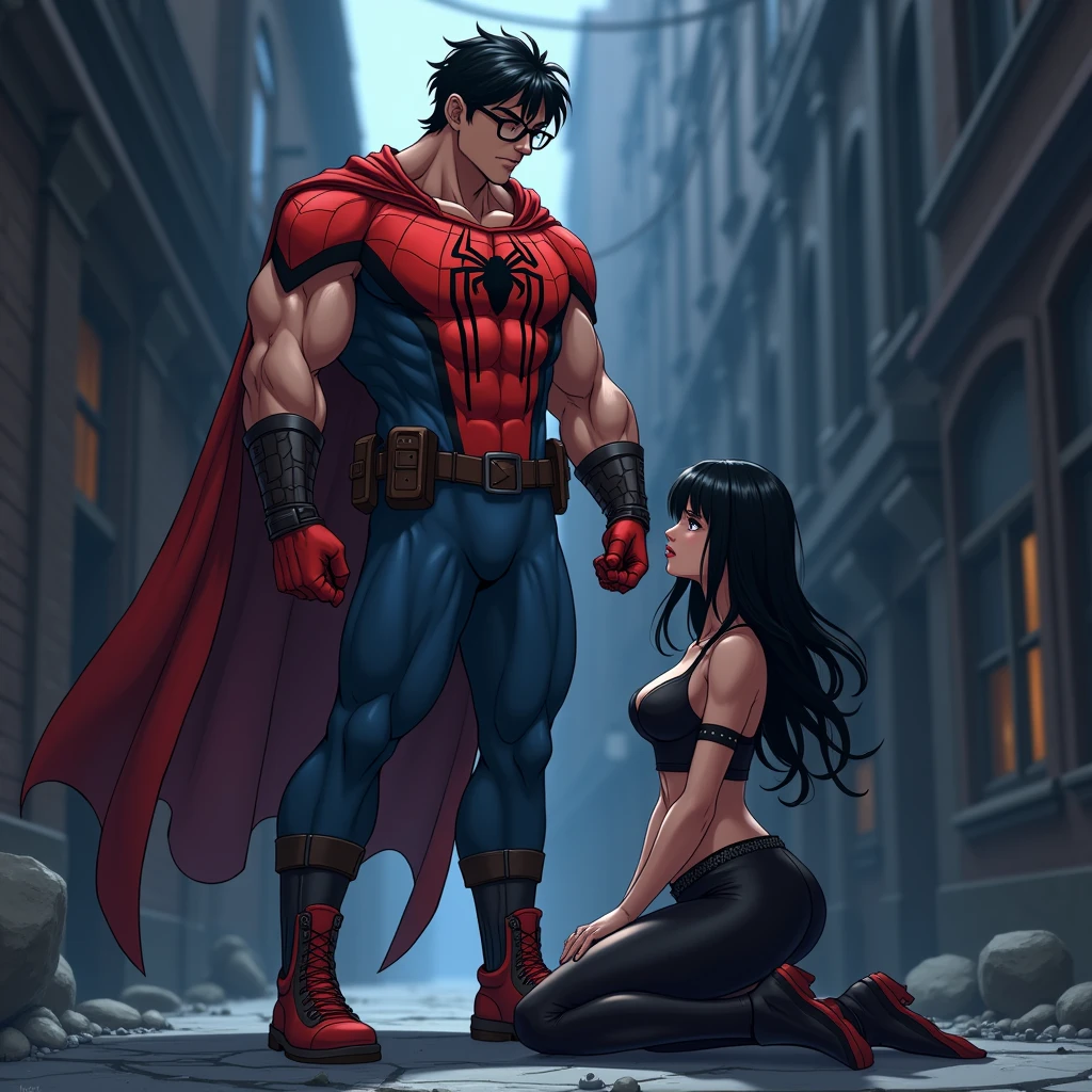 anime art, marvel art, a LATIN 18-year-old male with dark fadeout hair and glasses, wearing spider superhero outfit, he has a big bulge , he's standing tall in front of a sad kneeling female wearing gothic look. he's erect. he has a big bulge. She’s facing his bulge