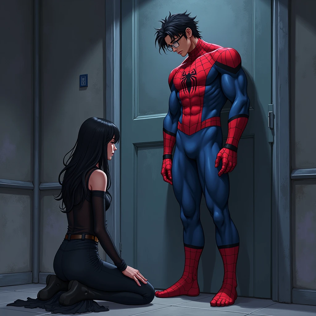 anime art, marvel art, a LATIN 18-year-old male with dark fadeout hair and glasses, wearing spider superhero outfit, he has a big bulge , he's standing tall in front of a sad kneeling female wearing gothic look. he's erect. he has a big bulge. She’s facing his bulge