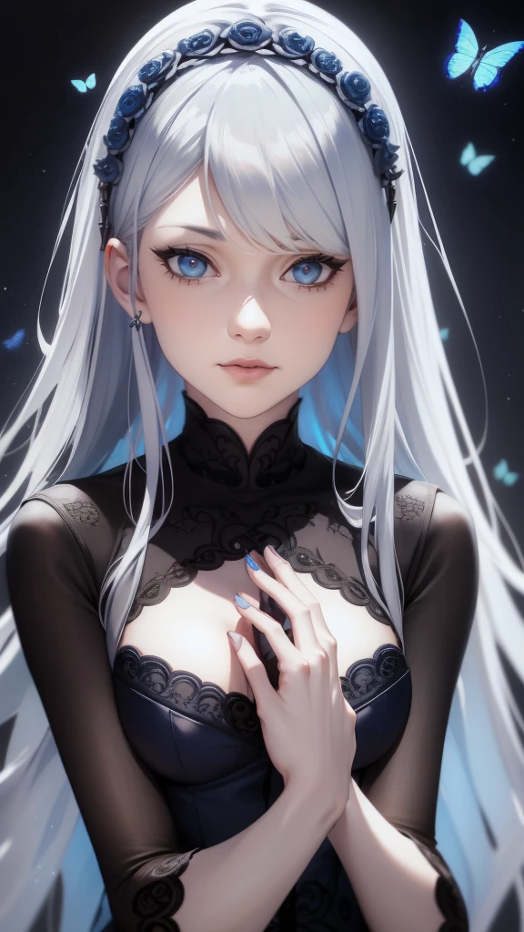A mature woman with gray hair and blue tips, heterochromatic eyes - one gray and one blue, wearing a seductive black dress, against a blue background with a blue halo and butterflies around her head, (best quality,4k,8k,highres,masterpiece:1.2),ultra-detailed,(realistic,photorealistic,photo-realistic:1.37),intricate details,elegant,dramatic lighting,fantasy,cinematic composition