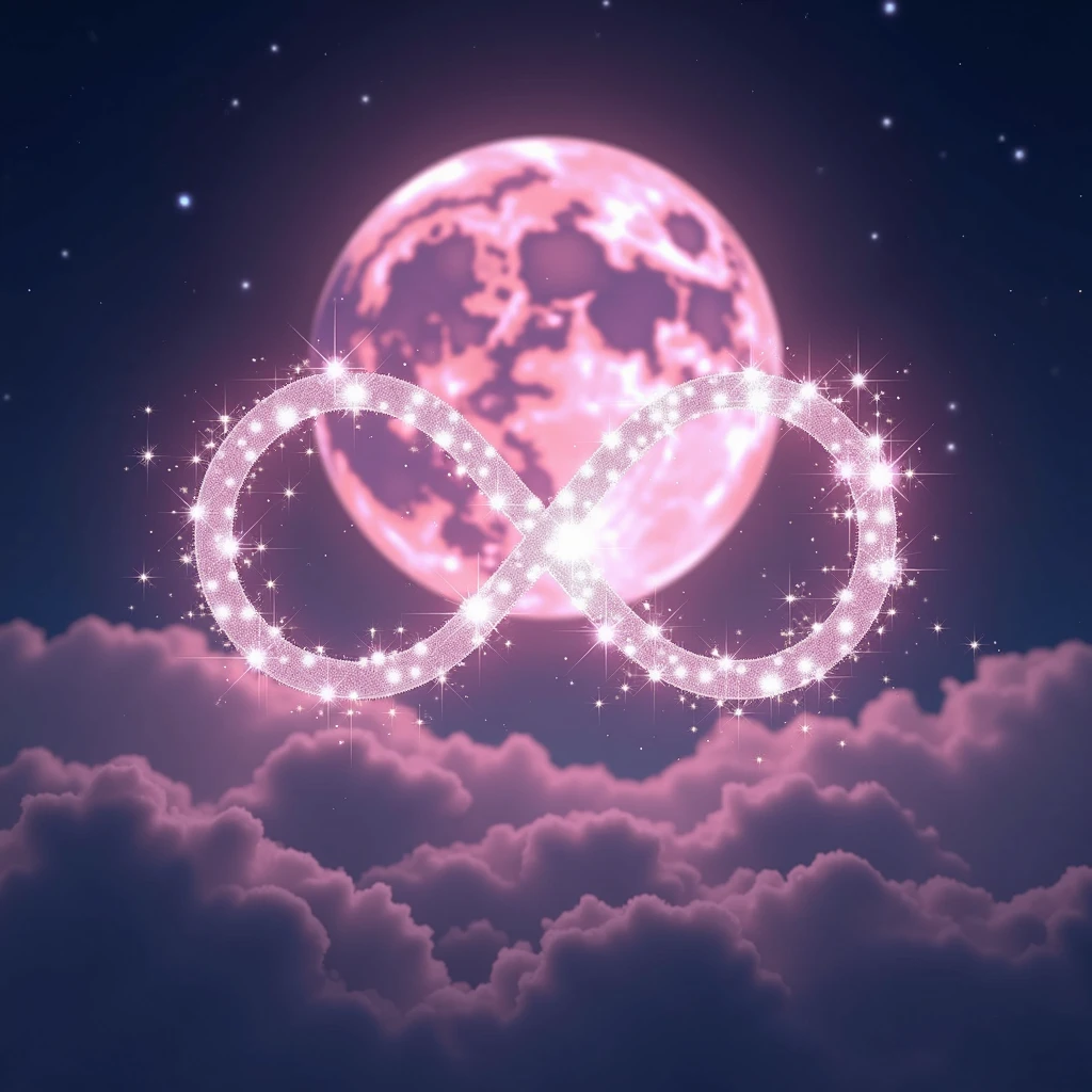 High resolution, masterpiece, Highest quality, High detail, Infinity、symbol、Infinity Mark、A shining mark made of sparkling stars、mysterious、myth、Light pink moon background、Sparkle、Night Sky