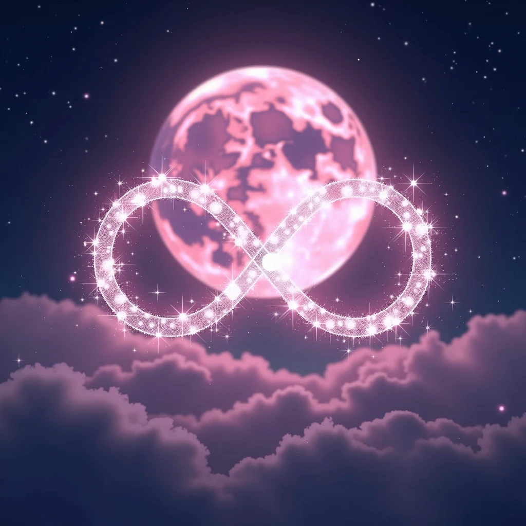 High resolution, masterpiece, Highest quality, High detail, Infinity、symbol、Infinity Mark、A shining mark made of sparkling stars、mysterious、myth、Light pink moon background、Sparkle、Night Sky