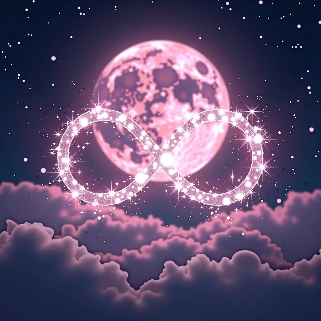High resolution, masterpiece, Highest quality, High detail, Infinity、symbol、Infinity Mark、A shining mark made of sparkling stars、mysterious、myth、Light pink moon background、Sparkle、Night Sky