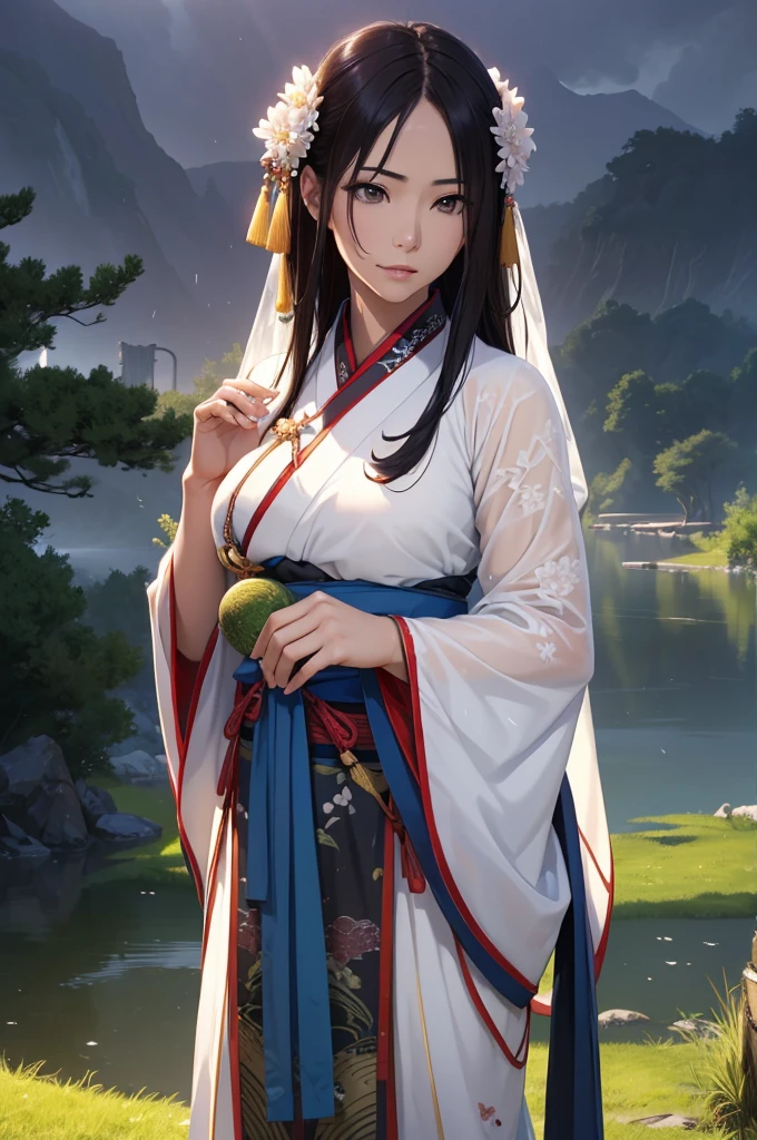 Grassland in the storm、flood、Rich historical background. (Highest quality,4K,8k,High resolution,masterpiece:1.2), Very detailed, (Realistic,Realistic,Photorealistic:1.37), High resolution, Hyper HD, Studio Lighting, Ultra-fine painting, Sharp focus, Physically Based Rendering, Very detailed説明, Professional, Vibrant colors, Bokeh, Sports Late, Ancient War Landscapes, Traditional Chinese Painting Techniques, Atmospheric lighting, Vivid color contrast, Visually stunning composition, Ethereal atmosphere,Very detailed目と顔, Beautiful attention to detail, Light on the face, (Hanfu: 1.1),My whole body is wet、My clothes are wet and transparent、Nipples are visible