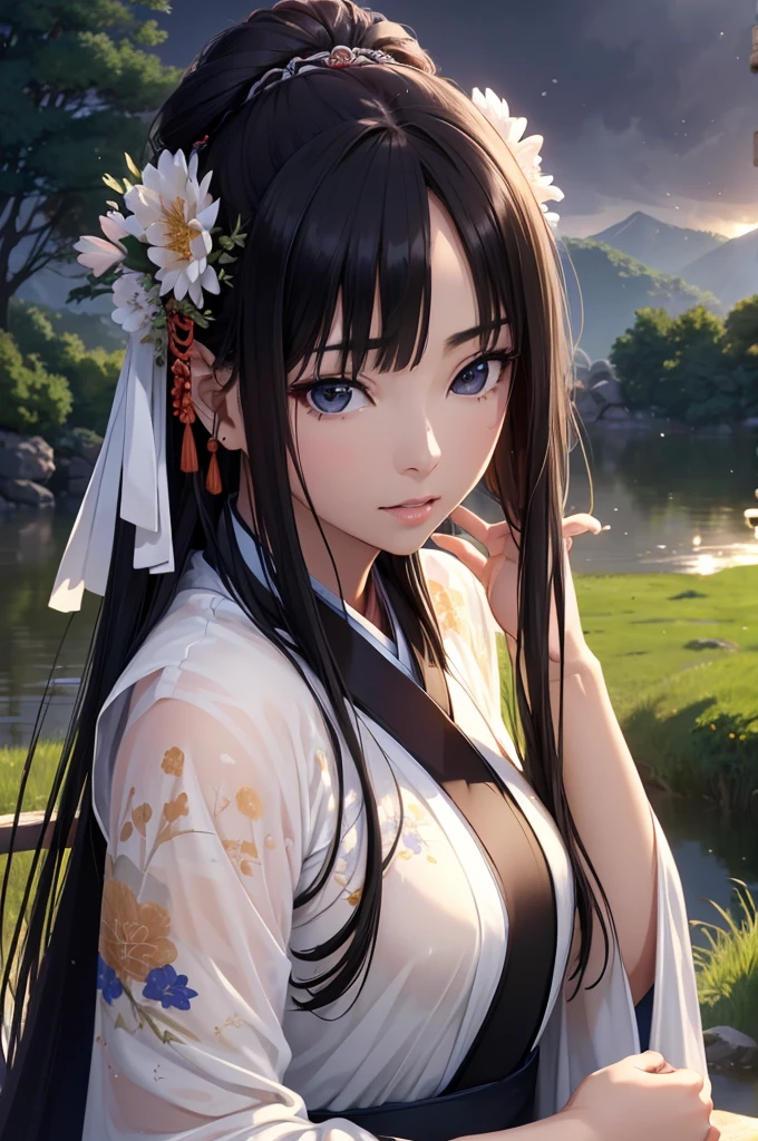 Grassland in the storm、flood、Rich historical background. (Highest quality,4K,8k,High resolution,masterpiece:1.2), Very detailed, (Realistic,Realistic,Photorealistic:1.37), High resolution, Hyper HD, Studio Lighting, Ultra-fine painting, Sharp focus, Physically Based Rendering, Very detailed説明, Professional, Vibrant colors, Bokeh, Sports Late, Ancient War Landscapes, Traditional Chinese Painting Techniques, Atmospheric lighting, Vivid color contrast, Visually stunning composition, Ethereal atmosphere,Very detailed目と顔, Beautiful attention to detail, Light on the face, (Hanfu: 1.1),My whole body is wet、My clothes are wet and transparent、Nipples are visible