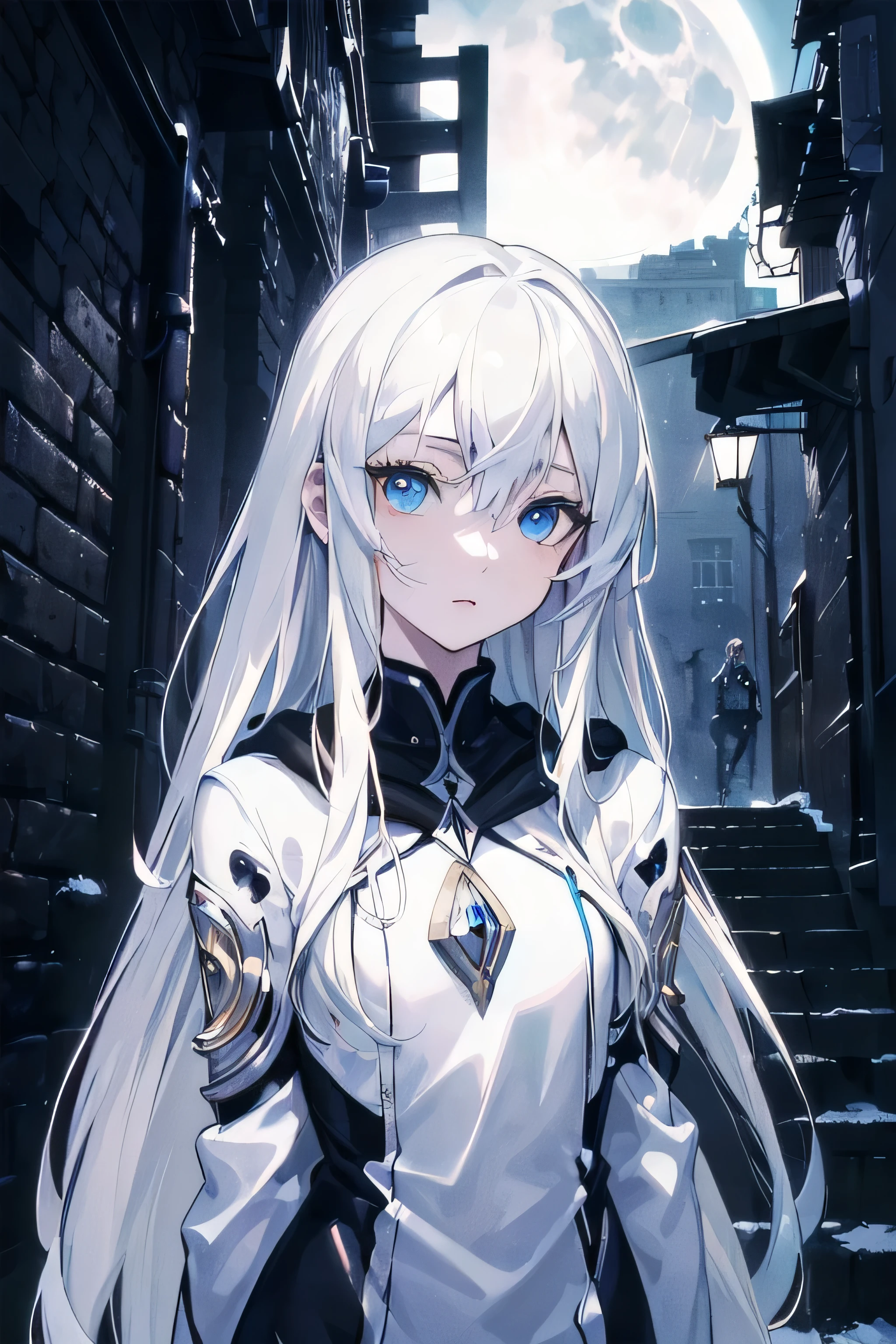 ((masterpiece)), ((best quality)), ((best illustration)), ((ultra-detailed)),((photorealistic color)), 1 lady, solo, teenager, absurdly long hair, white hair, straight hair, ((blue eyes)), ((ultra detailed eyes)), ((ultra detailed face)), gloomy, hoodie, thin body, thin arms, long arms, urban, night, alley, moonlight, backlight