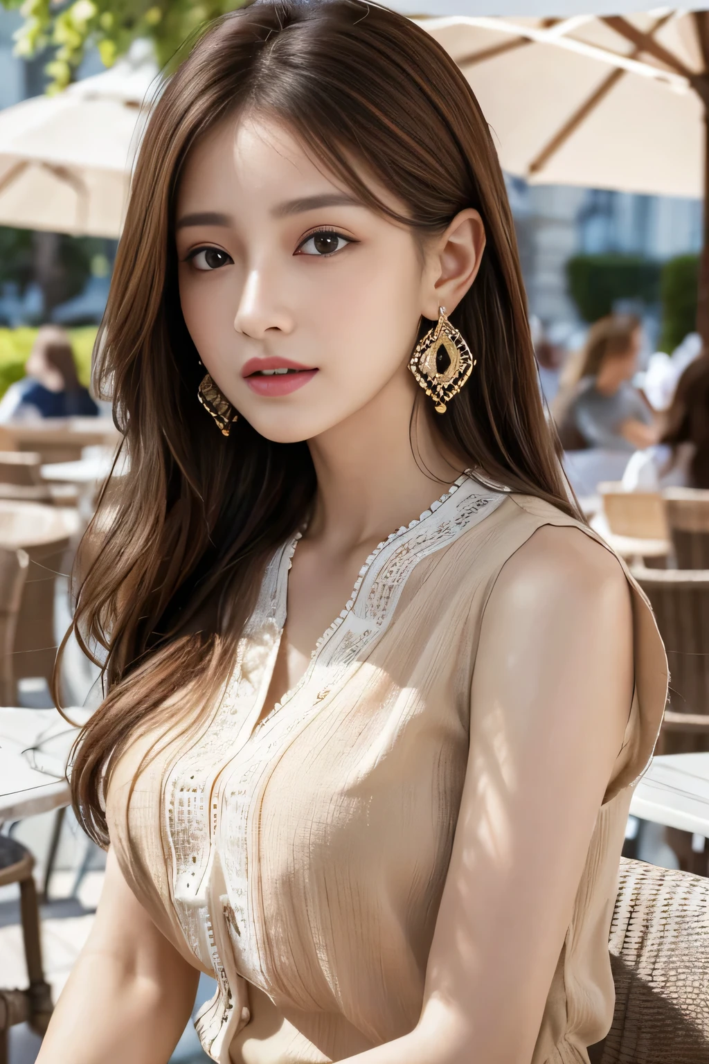 masterpiece, Highest quality, Realistic, Very detailed, Finer details, High resolution, 8k wallpaper, One beautiful woman,Wear a nice blouse, On the terrace of a lovely cafe, at noon, Light brown messy hair, Perfect dynamic composition, Beautiful and beautiful eyes、Big earrings、Sleeveless shirt、