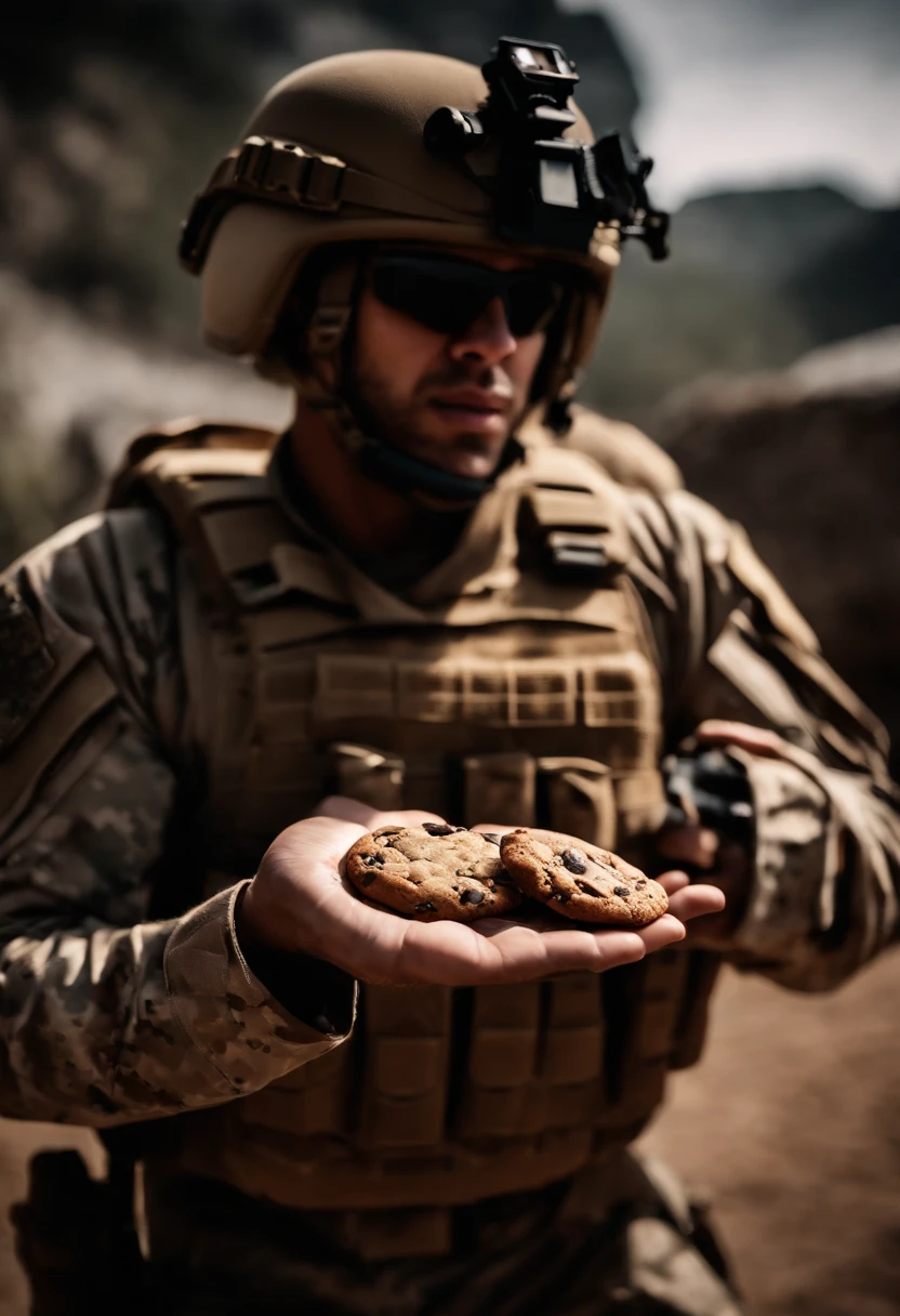 A US special forces soldier is holding a fat chocolate chip cookie in his hand; realisitic; 4K; best photographer in the world; maximum perfection; professional foto;