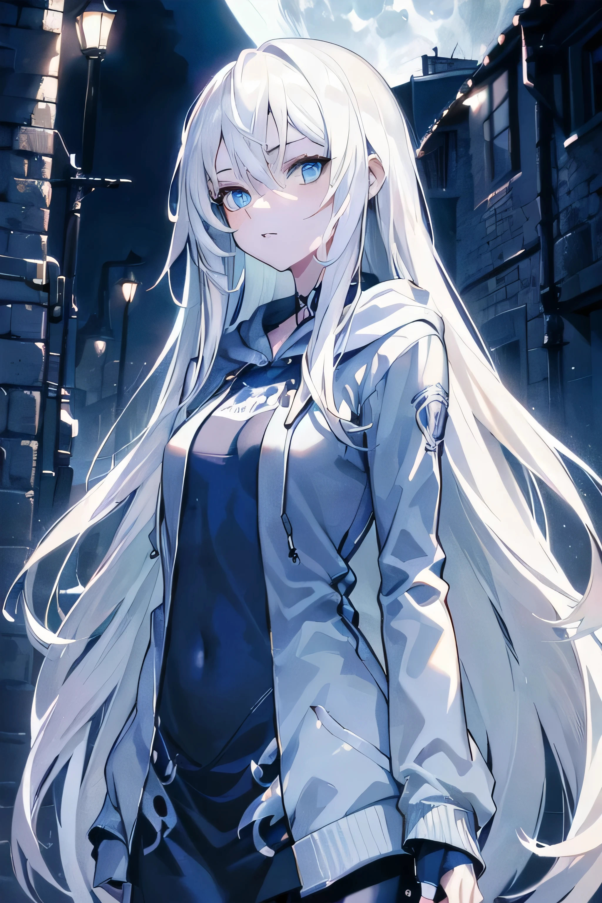 ((masterpiece)), ((best quality)), ((best illustration)), ((ultra-detailed)),((photorealistic color)), 1 lady, solo, ager, absurdly long hair, white hair, straight hair, ((blue eyes)), ((ultra detailed eyes)), ((ultra detailed face)), gloomy, hoodie, thin body, thin arms, long arms, urban, night, alley, moonlight, backlight