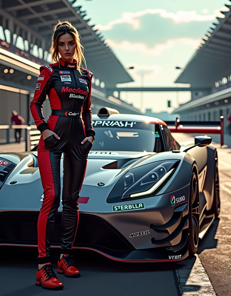 Grid-Girl, racing car, photo finish, best quality, (masterpiece:1.2), high quality, absurdres, highres, hyper detailed, RAW, detailed background, 