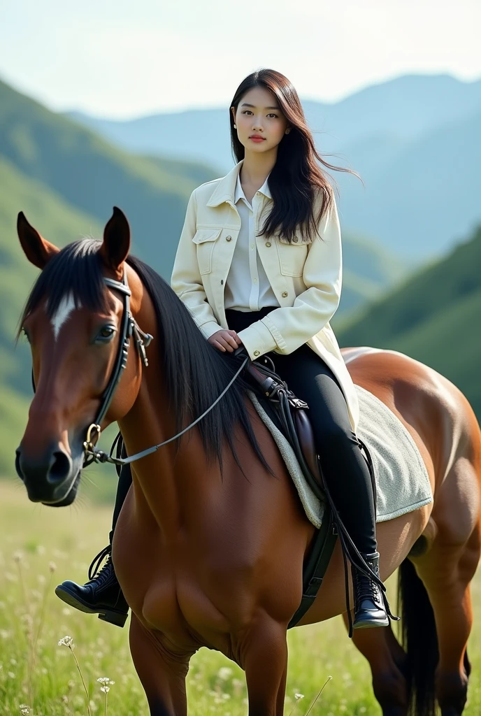 Beautiful white Korean woman, clean and smooth, wearing a white jeans jacket, black jeans, boots, riding a horse with a mountain pasture in the background, original photo