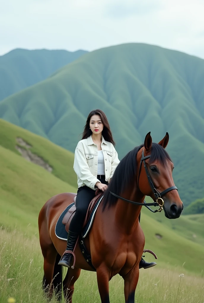 Beautiful white Korean woman, clean and smooth, wearing a white jeans jacket, black jeans, boots, riding a horse with a mountain pasture in the background, original photo
