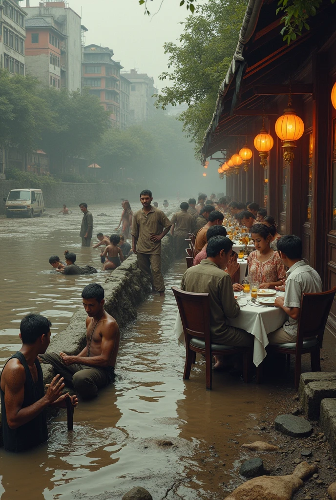 On the banks of the river Of a city, simple people work in the mud, and while out of the river, At the bottom of the image, has a middle class family, dining at a luxury restaurant.