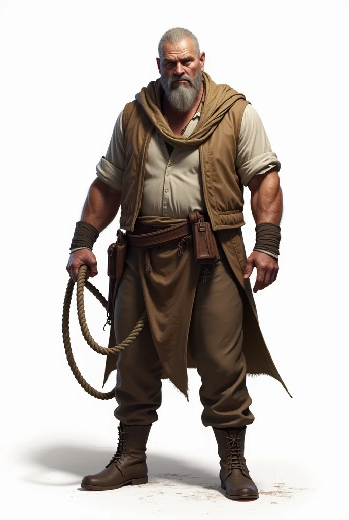 An archaeologist in realistic style, who is standing with a whip on a white background, he doesn&#39;t have a beard and he&#39;s kind of ugly
