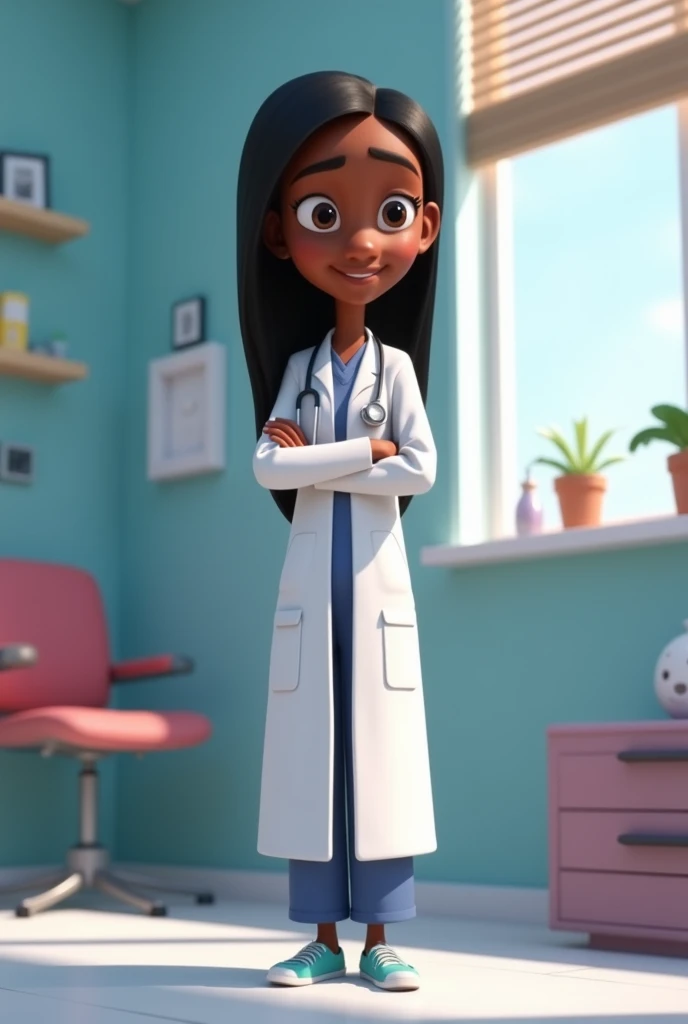 Animated Pixar image black skin doctor, black straight hair parted in the middle, not so skinny medical gown stethoscope in a doctor's office