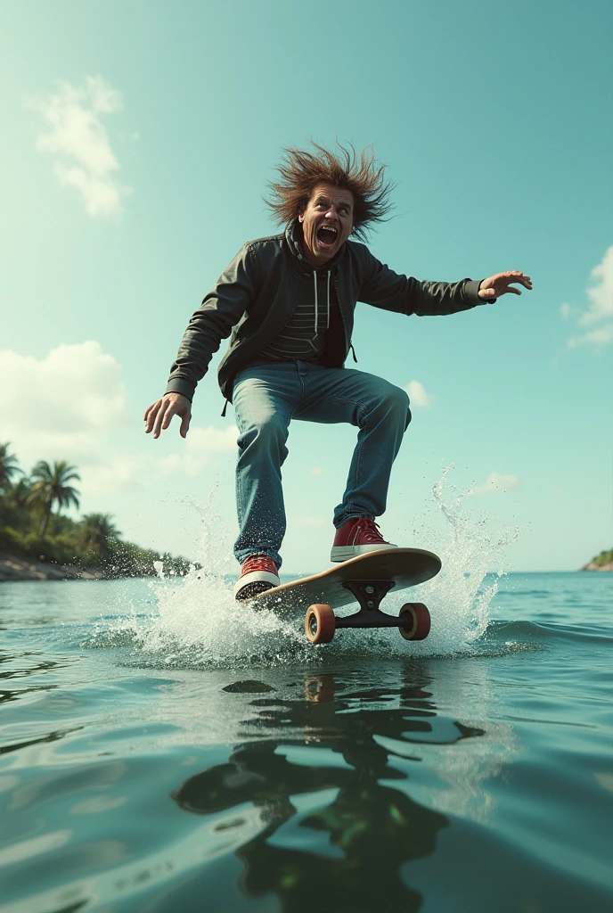 A crazy guy skateboarding on the water 

