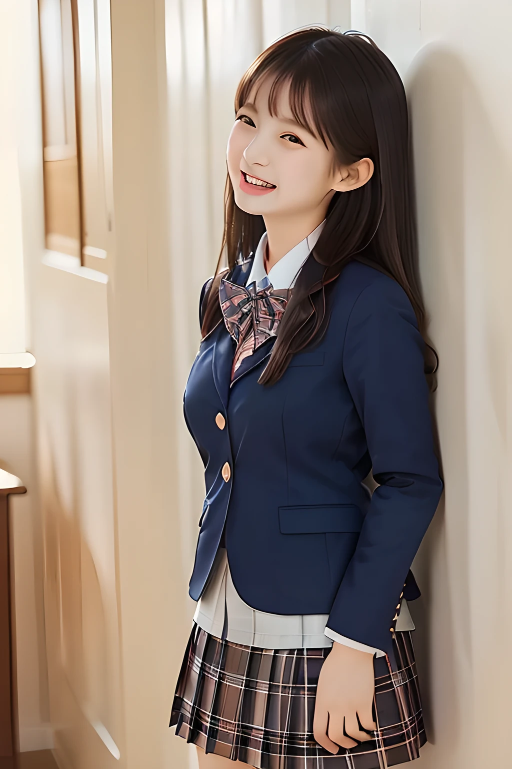 (highest quality, masterpiece, high resolution:1.2), 4K, (Photo quality well detailed white white white face: 1.2), geometry, (16 yo cute girly Japanese sensitive weak girl with very detailed graceful cute smiling face is turning to me and looking me: 1.5), Laughing cutely, (Japanese school girly navy-colored blazer uniform: 1.4), (blue dark blue blue expensive pleated checkered school skirt inside the blazer: 1.6), (big sharp breast: 1.3), (Dark red glossy school ribbon on the breast: 1.0), (Extremely laughing cheeks: 1.0), (Beautiful pretty large laughing cute cute cute childish childish laughing cutely laughing eyes with detailed and balanced well: 1.4), (Double eyelids: 1.0), (Long bottom eyelashes: 1.2), (Glossy very wet lips: 1.0), (Super-straight hair, extremely very long hair which reaches her waist: 1.3), (plain light orange-colored wall paper with cute white heart marks), (White-Orange-Colored background with many white lovely heart marks: 1.0)
