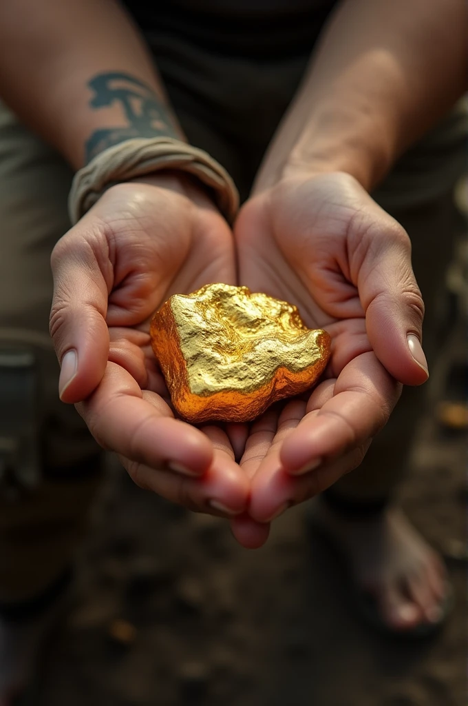 A hand holding a shiny gold nugget