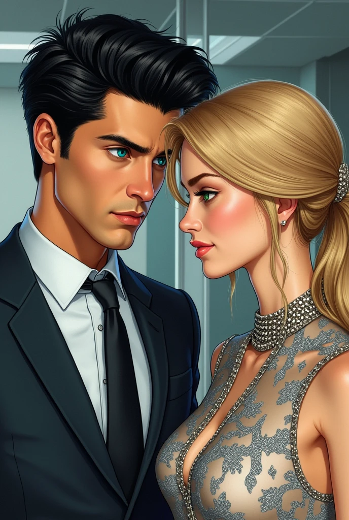 26 year old boy, black hair and blue eyes, in an office suit and well-formed. Seriously watching a 17 year old girl, blonde, green eyed, pretty and dressed in designer clothes. drawing style