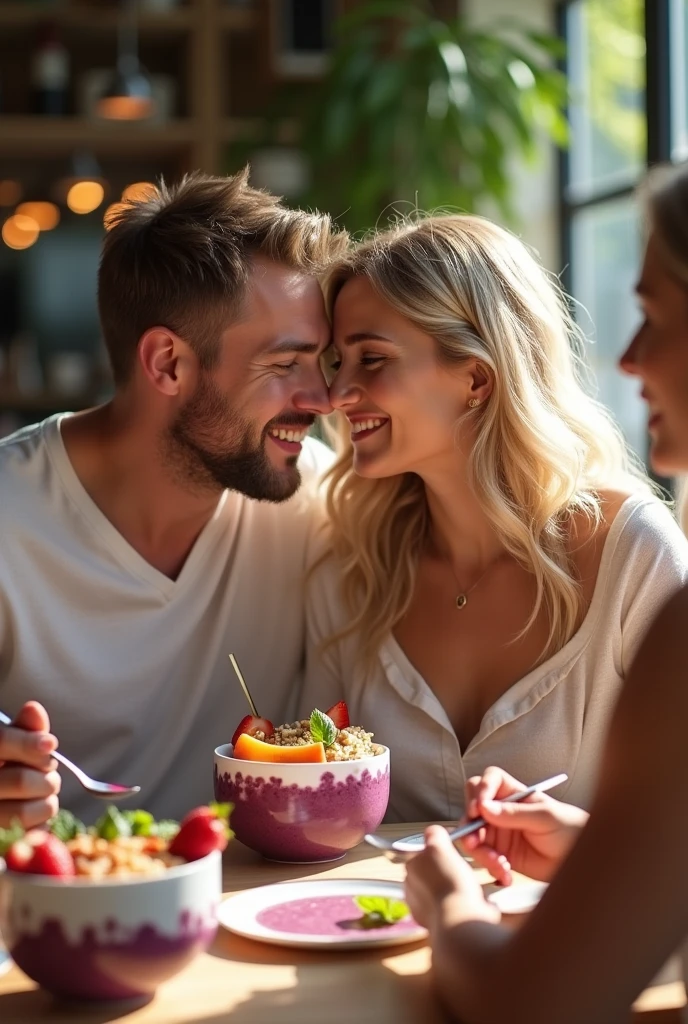Realistic man and wife , At the acai shop ,blonde hair eating acai , with friends Ultra HD, high qualiy, best qualityer, high resolution, 8k, 16K
