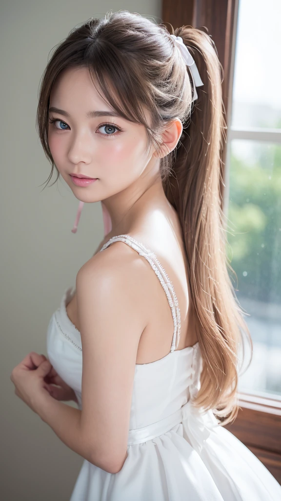 ((Highest quality)), ((masterpiece)), (detailed), (high ponytail), (Blonde), (Beautiful well-groomed girl:1.3), (ribbon:1.22), (pointy breasts), white dress, (snowy white skin), (Blushed:1.3), portrait, from side, looking back, (put index finger on mouth:1.2), Shy laugh, Half-open mouth, Shiny skin、Thin eyebrows, girl,独奏,highly detailed beautiful face and eyes