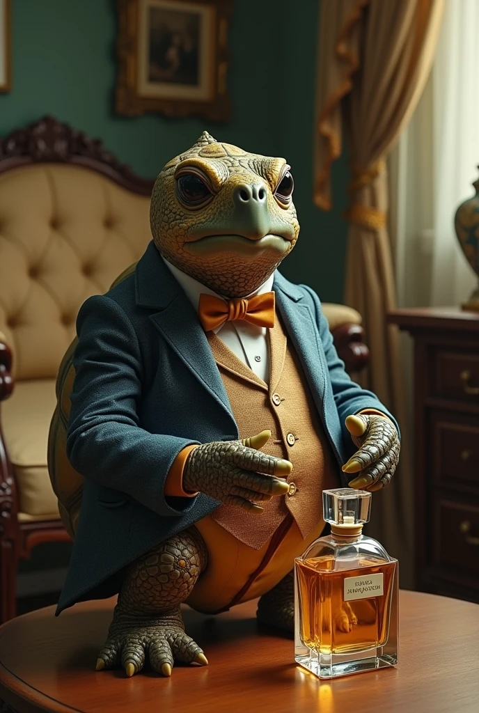 Perfume with a tortoise in a suit smelling the perfume bottle 
